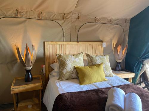 a bedroom with a bed in a tent at Down-to-Earth Luxury Tented Accommodation in George