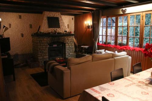 a living room with two couches and a fireplace at Chalet au bord de l’eau in Saint-Quirin