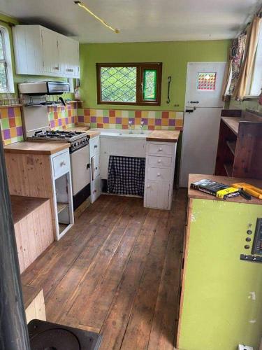a kitchen with green and wooden floors and a stove at Camp Hillcrest Horsebox in Lydney