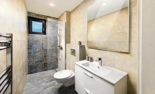 uma casa de banho com um lavatório, um WC e um chuveiro em Sky-House Jasná Apartments em Pavčina Lehota