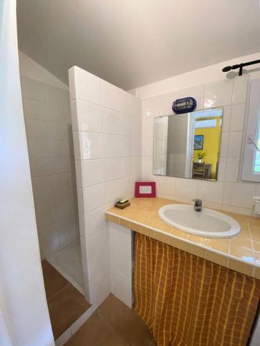 une salle de bain avec un lavabo et un miroir dans l'établissement Résidence 488-sanary Sur Mer - Rez de jardin dans propriété privée au calme MAE-9814, à Sanary-sur-Mer