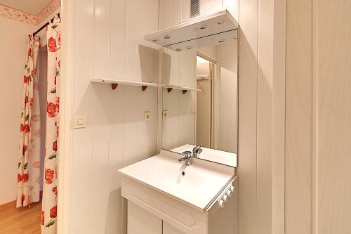 een badkamer met een wastafel en een spiegel bij Les Oursons - Station de ski accessible à pied in La Bresse