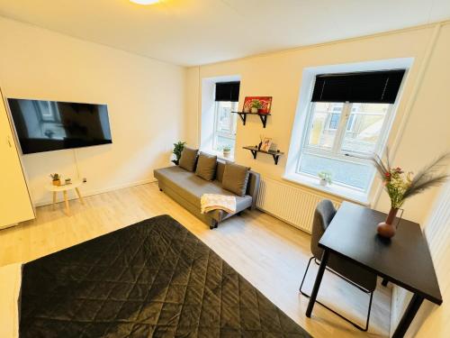 a living room with a couch and a tv at aday - Awesome Central ground floor apartment in Aalborg