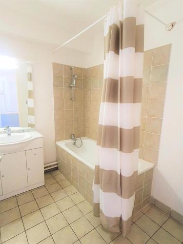 La salle de bains est pourvue d'une baignoire et d'un rideau de douche. dans l'établissement Résidence Les Toits Du Devoluy - APPARTEMENT 6 PERSONNES BALCON SUD MAE-8514, à Saint-Étienne-en-Dévoluy