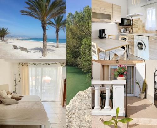 un collage de photos d'une cuisine et d'une maison dans l'établissement Maisonnette très appréciée entre Mer et Nature Climatisée avec Cuisine Terrasse Parking, à Villeneuve-Loubet