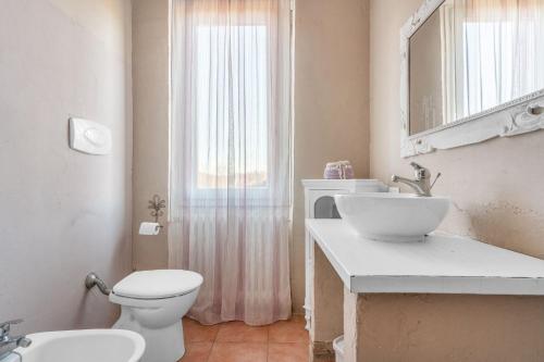 a bathroom with a toilet and a sink and a mirror at La Locanda Del Molino in Fortunago