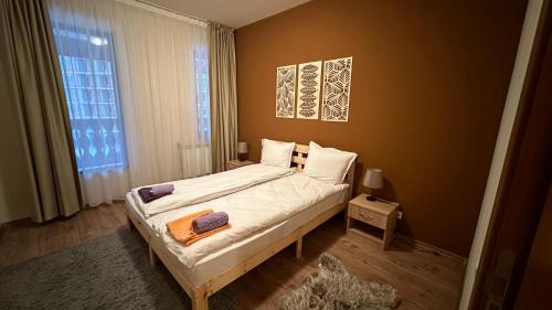 een slaapkamer met een bed in een kamer met een raam bij Апартаменти и стаи за гости "Алекс" in Pamporovo