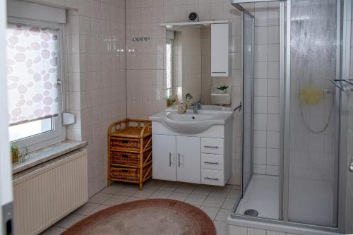 a bathroom with a sink and a shower at FEWO Hafenblick in Lübbenau