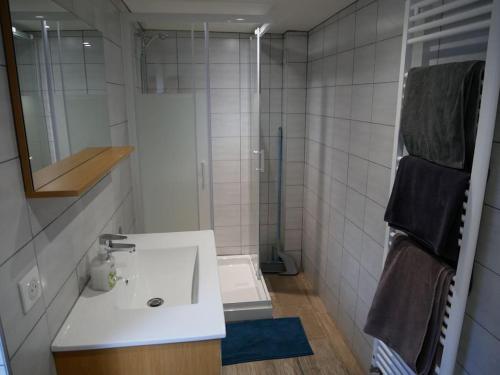 y baño con lavabo blanco y espejo. en Appartement entier dans cour intérieure en Epfig