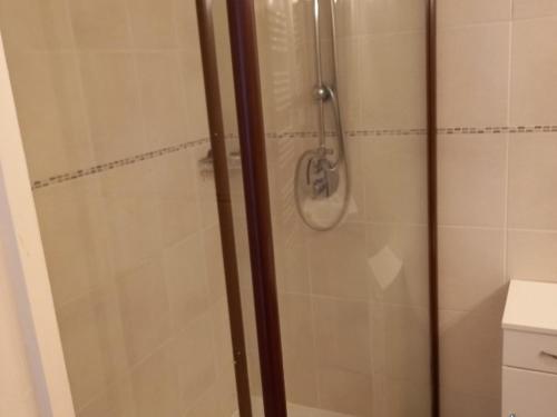 une douche avec une porte vitrée dans une salle de bain dans l'établissement Maison 3 ch. à Royan avec jardin, WIFI et animaux acceptés - FR-1-494-143, à Royan