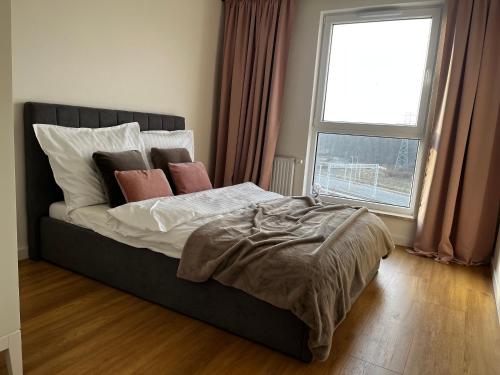 1 dormitorio con cama con almohadas y ventana en Apartament Letnica Latarników Family Seaside, en Gdansk