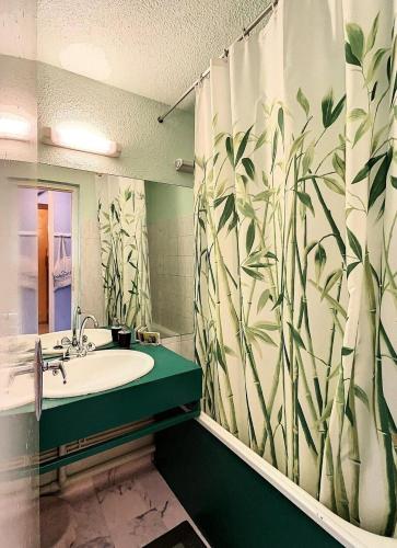 une salle de bain avec un lavabo et un rideau de douche dans l'établissement Résidence Phenix - STUDIO CABINE 4/5 PERSONNES MAE-9734, au Corbier