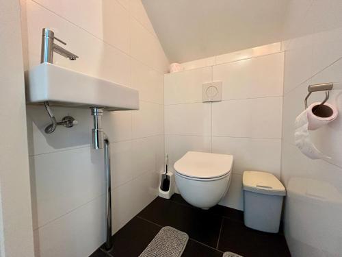 a small bathroom with a toilet and a sink at Chateau Noordwijk in Noordwijk