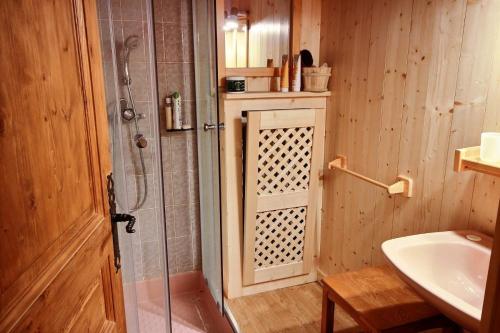 uma casa de banho com um chuveiro e um lavatório. em Chalet L'isard - Chalets pour 10 Personnes 534 em Peisey-Nancroix