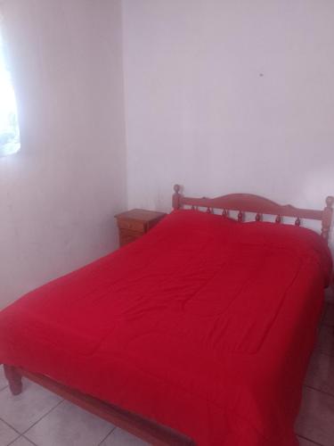 a bedroom with a red bed with a red blanket at Alojamiento familiar doña justa in Purmamarca