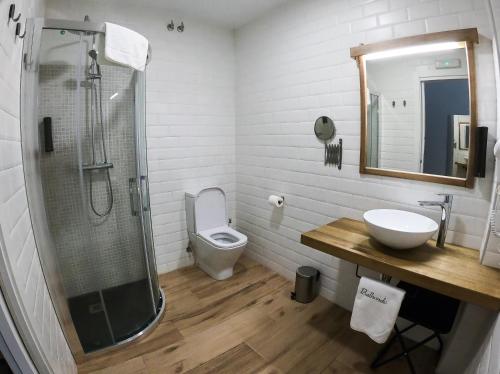 a bathroom with a shower and a sink and a toilet at Balhondo Open Village in Puebla de Alcocer