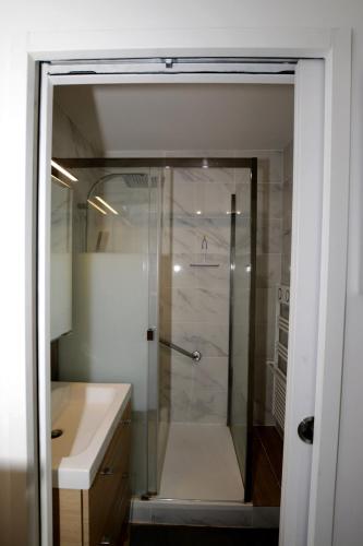 une douche avec une porte vitrée à côté d'un lavabo dans l'établissement Beaux 2 pièces Daumesnil, à Paris