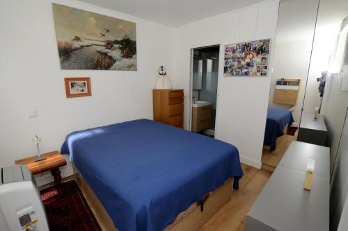 une chambre avec un lit bleu et un miroir dans l'établissement Beaux 2 pièces Daumesnil, à Paris