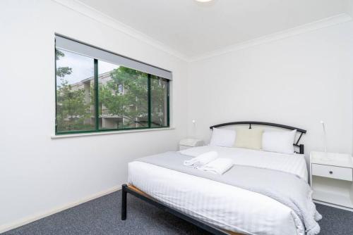 a white bedroom with a bed and a window at Reid5 2BR Apartment Close to Glebe Park and Canberra City in Canberra