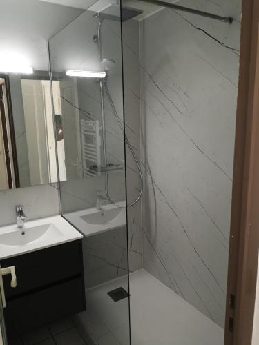 une salle de bain avec une douche, un lavabo et un miroir dans l'établissement Port du Crouesty Cap'Océan - maeva Home - Appartement 2 Pièces 5 Personnes - Sélection - vue sur le Port MAE-6294, à Arzon