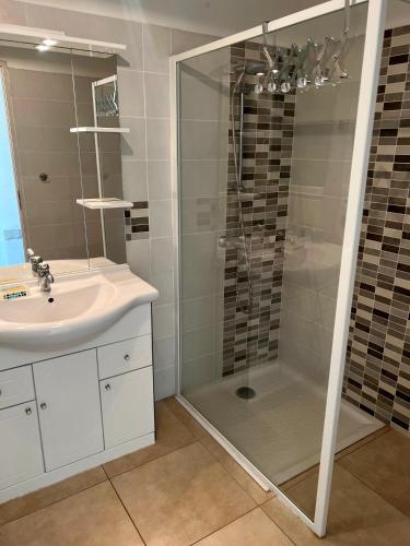 une salle de bain avec douche et lavabo dans l'établissement VILLA SECANTO Belle Villa Individuelle avec grand jardin Rochelongue Cap d'Agde, au Cap d'Agde