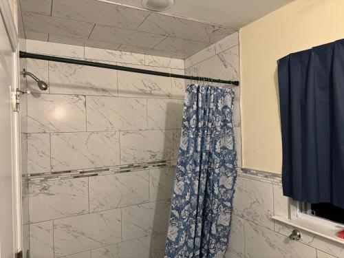 baño con ducha con cortina azul en Affordable Luxury Home Near NYC & EWR, en Newark