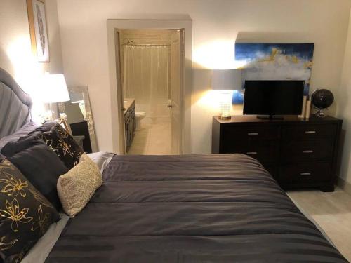 a bedroom with a bed and a dresser with a television at 2Bd/2Bth Hermann Park @ Med Ctr in Houston