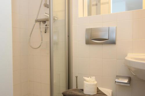 a bathroom with a shower with a toilet and a sink at Kormoran Harry´s Place Q8 in Prerow