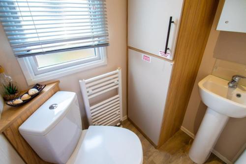 La petite salle de bains est pourvue de toilettes blanches et d'un lavabo. dans l'établissement 35 Redwood - Beauport Park, Hastings, à Hastings