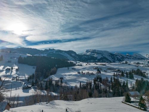 a view of a snow covered valley with trees and mountains at Hotel Toggenburg in Wildhaus