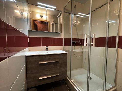 uma casa de banho com um lavatório e um chuveiro em Résidence Peclet - 3 Pièces pour 6 Personnes 694 em Les Menuires