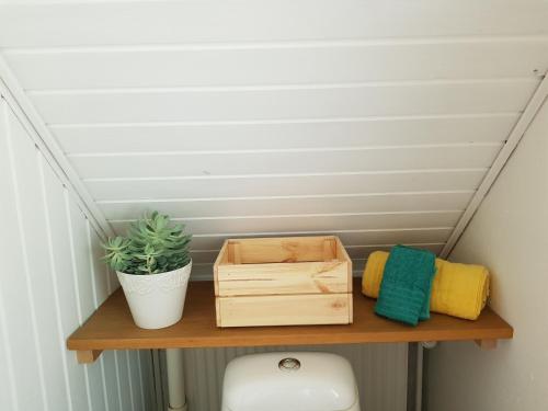 een plank met een potplant en een doos bij 5min walk to LEGO House - two bedrooms on Loft floor with Balcony * with garden in Billund