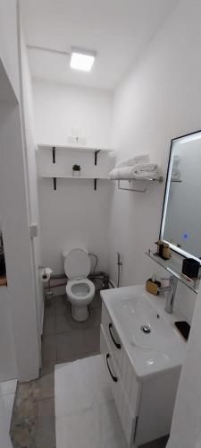 ein weißes Badezimmer mit Toilette und Waschbecken in der Unterkunft Cosy studio with all amenities in Grand Baie