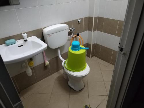a bathroom with a toilet and a sink at Homestay Rim Baru in Jasin