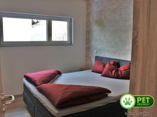 里登堡的住宿－Ferienwohnungen am Schlossberg，一间卧室配有一张带红色枕头的床