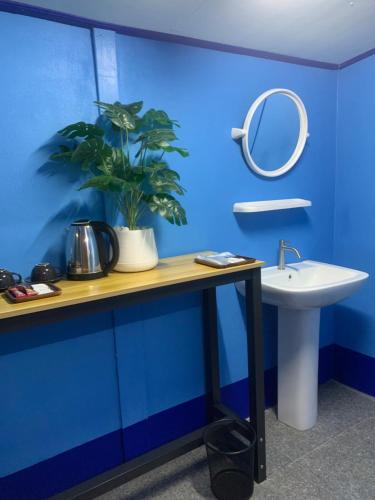 niebieska łazienka z umywalką i lustrem w obiekcie Blue Sky Home stay 