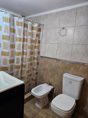 a bathroom with a toilet and a sink and a shower curtain at Monoambiente en Duplex Velez Sarsfield in Buenos Aires