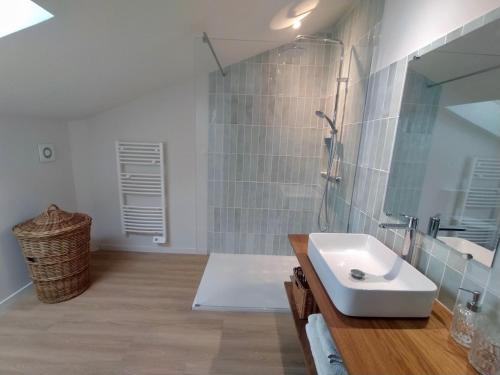 W łazience znajduje się umywalka i lustro. w obiekcie Chambre d'hotes du grand st-Marc proche Via Rhona w mieście Sorgues