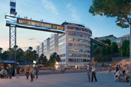 a rendering of a building with people walking around it at Citybox Stockholm in Stockholm