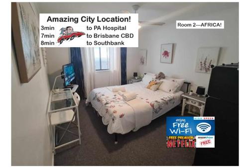 a bedroom with a bed and a sign for an amazing city london to r at Amazing City Location-Private Room in a Share House-2 Rooms available!! in Brisbane