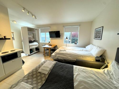 a hotel room with two beds and a television at Day Dream Mjostraeti 10a in Reykjavík