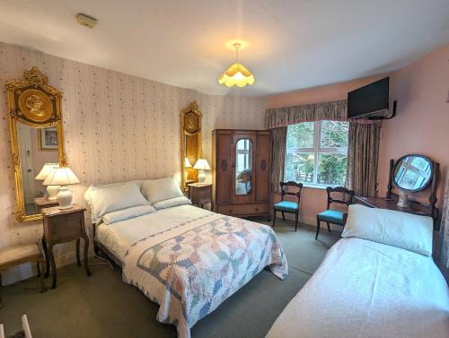 a bedroom with two beds and a television in it at Gleneven Guest House in Inniskeen