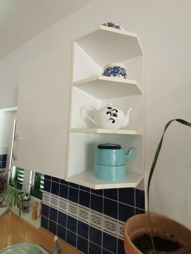 a kitchen shelf with a tea pot and dishes on it at Villa Delina in Rab