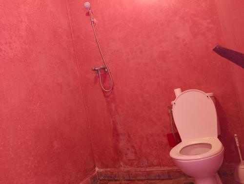 a red bathroom with a toilet and a shower at Riad & Restaurant Ocean Beach Douira in Agadir