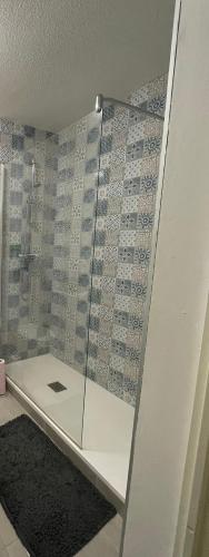 une douche avec une porte vitrée dans une salle de bain dans l'établissement Studio Bayonne avec Piscine, à Bayonne