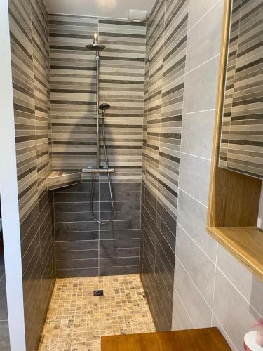 uma casa de banho com um chuveiro com azulejos cinzentos em Maison proche des Dentelles, et du Mont-Ventoux em Aubignan