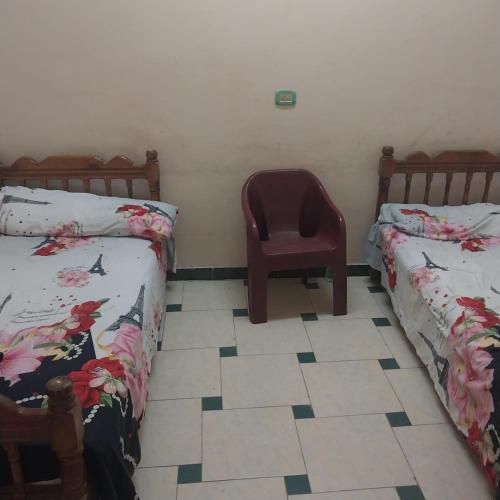 um quarto com duas camas e uma cadeira em Adel Hotel em Abu Simbel