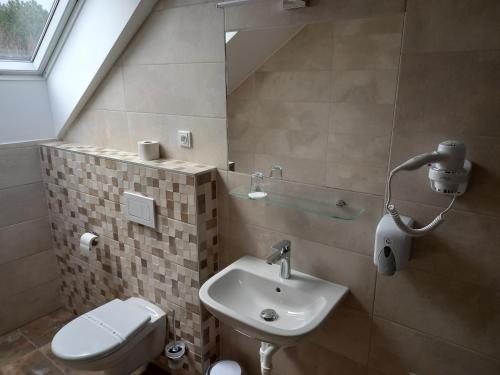 a bathroom with a sink and a toilet at Penzion a restaurace U Hroznu in Velké Bílovice
