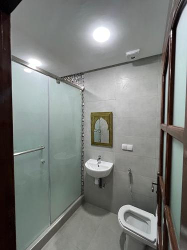 La salle de bains est pourvue d'une douche, de toilettes et d'un lavabo. dans l'établissement Riad el wazania, à Rabat