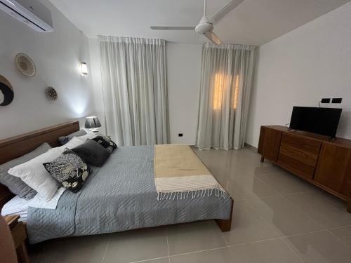 1 dormitorio con 1 cama y TV de pantalla plana en Villa Achille, en Las Terrenas